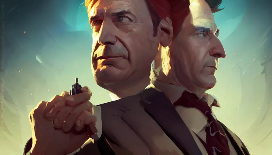 Image similar to portrait of saul goodman alone as a secret agent, league of legends champion splash art, in - frame, photorealistic facial features, right side composition, art by pete mohrbacher and guweiz and ilya kuvshinov, highly detailed, intricate, sharp focus, unreal engine 5, 4 k uhd