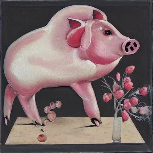 Image similar to “pig paintings and pig sculptures in a pig art gallery, pork, ikebana white flowers, white wax, pink wax, squashed berries, acrylic and spray paint and oilstick on canvas, by munch and Dali”