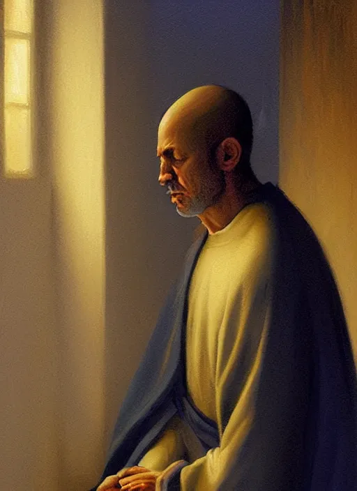 Image similar to oil painting portrait of a crying sad weeping sobbing tonsured dominican monk in a simple rough habit, kneeling in a blue cold moonlit empty small chapel at night, hazy, digital art, artstation, cinematic, moonlight, digital art painting by greg rutkowski, hazy atmosphere, candles, cinematic blue lighting