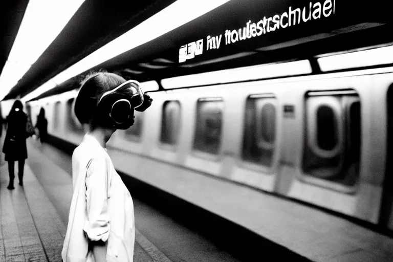 Image similar to girl wearing futuristic augmented reality headset in a subway, richard avedon, tri - x pan, ominous lighting