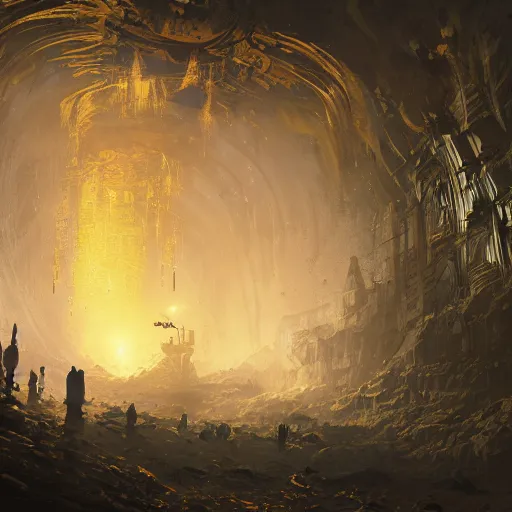 Image similar to mining underground bendigo gold , highly detailed, illustration, fantasy art, in the style of greg rutkowski, epic, fantasy, intricate, hyper detailed, artstation, concept art, smooth, sharp focus, ray tracing