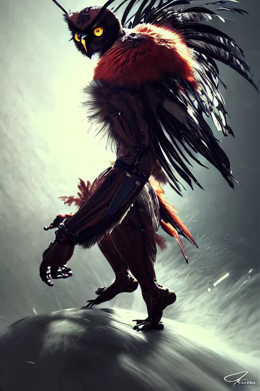 Image similar to Tekken 4 fighter anime Stunning Portrait Robot Owl with feathers all over its body, short black feathers with a samurai sword on its back, in a fighting stance, digital painting, artstation, concept art, soft light, hdri, smooth, sharp focus, illustration, art by tian zi, craig mullins, Mark Arian, WLOP, alphonse mucha