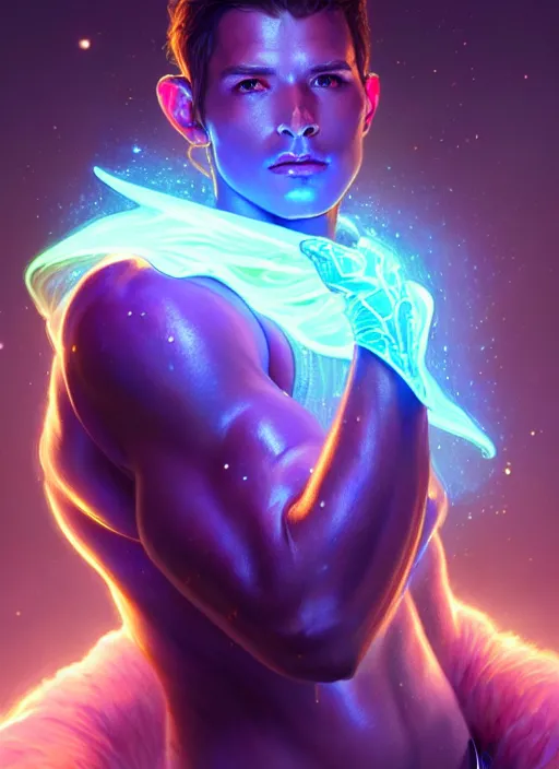 Prompt: a faceless masculine humanoid adventurer made of liquefied stardust, dnd fantasy character, full body portrait, glowing neon skin, magical aura, ultra realistic, intricate, elegant, highly detailed, digital painting, artstation, smooth, sharp, focus, illustration, art by artgerm and greg rutkowski and alphonse mucha