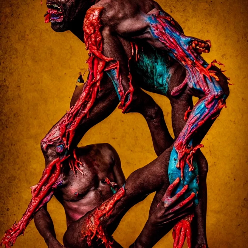 Prompt: a very colorful and beautiful ( flesh - eating ) tsikalawa, eating the leg of a terrified man, by alexandro judorowski and david cronenberg, fear, morbid, nightmare, supernatural, 8 k, digital art, highly detailed, chiaroscuro, creepy, terrifying