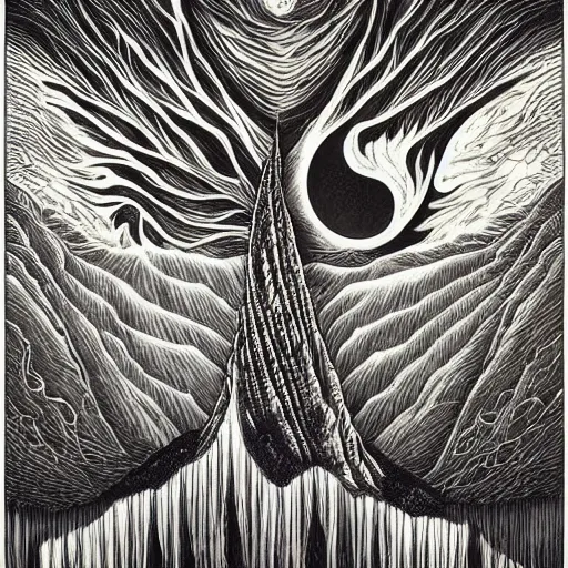 Prompt: symmetrical fantasy landscape, by aaron horkey, b & w