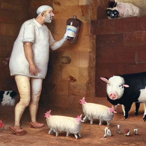 Image similar to butcher giving food to a cat, while being watched by a pig, a sheep, a chicken and a cow