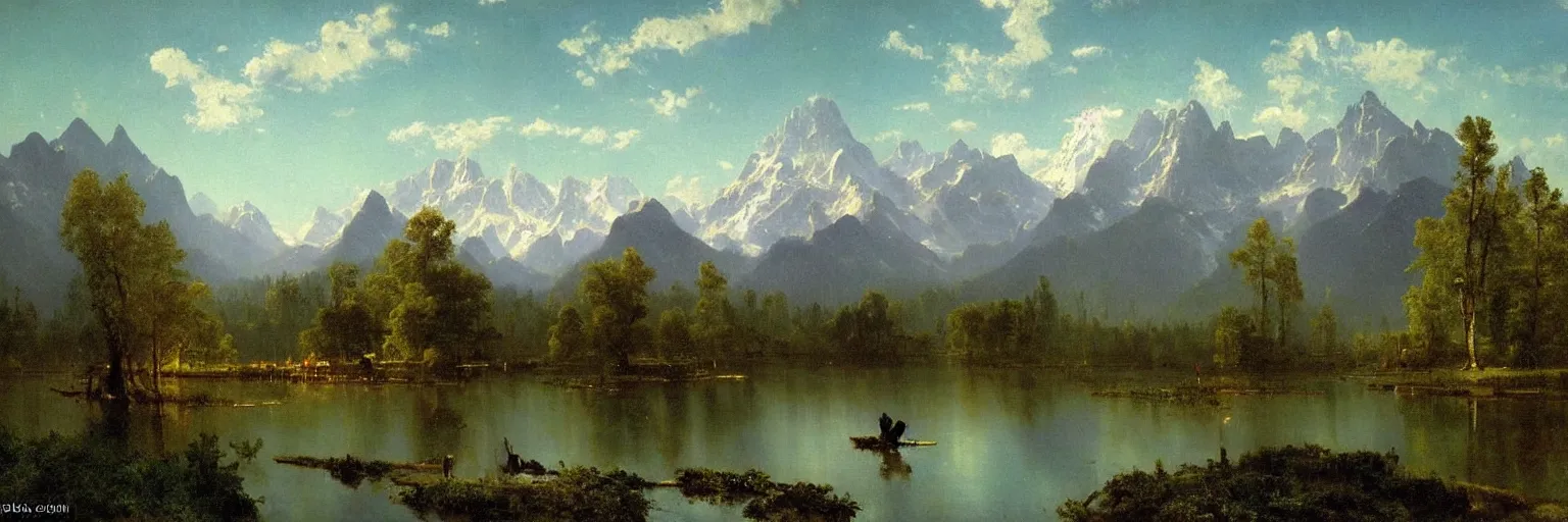 Image similar to beautiful albert bierstadt landscape painting of beautiful mountains and lakes with a mcdonald ’ s fast food restaurant in the scene