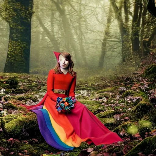 Image similar to photo of emma watson as an elf wearing a long rainbow wedding gown sitting in a colorful forest