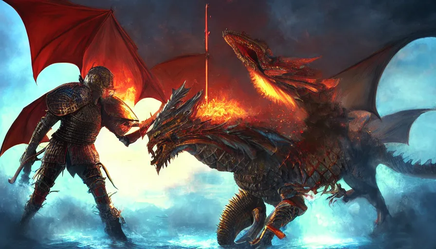 Prompt: a knight in an epic battle with a dragon, digital art, highly detailed, realistic, bright colors, 8 k