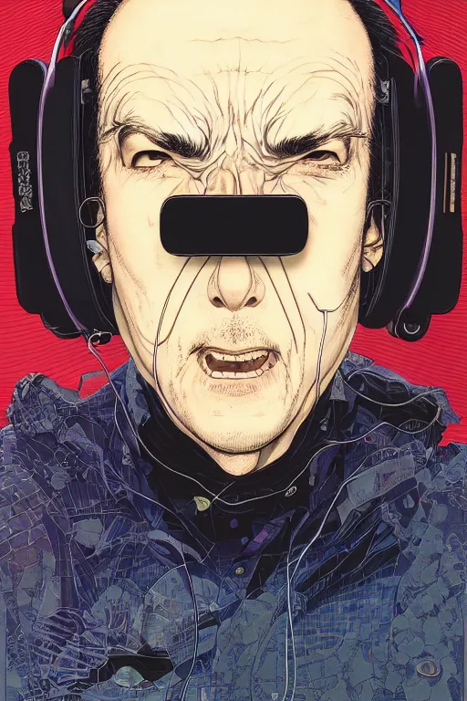 Image similar to portrait closeup of middle aged man wearing vr headset, symmetrical, by yoichi hatakenaka, masamune shirow, josan gonzales and dan mumford, ayami kojima, takato yamamoto, barclay shaw, karol bak, yukito kishiro