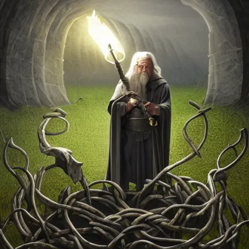 Image similar to the evil ian mckellen smithing on an anvil as gandalf in a dark viking hood playing odin all father crafting the plant of life with vines on an anvil, highly detailed, cinematic shot, cinematic lighting, 8 k, exquisit facial detail, magical realism painting, chiaroscuro, dark painting.