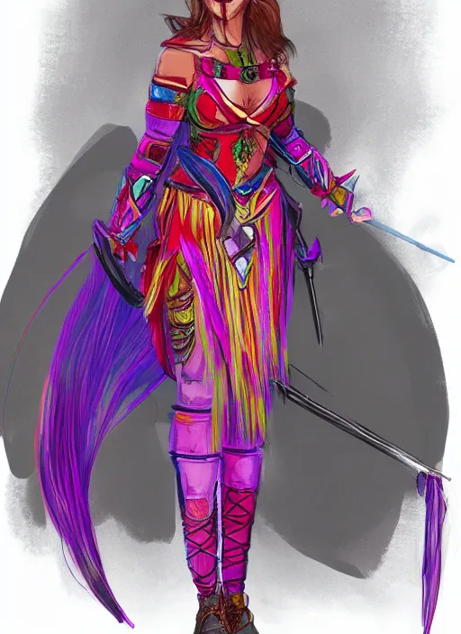 Image similar to a full body concept art, warrior princess, colorful clothing