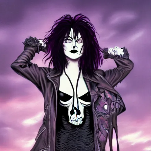 Image similar to A portrait of the character, Death, a young Goth girl wearing a black vest, Vertigo Comics, The Sandman written by Neil Gaiman, against a stormy purple sky