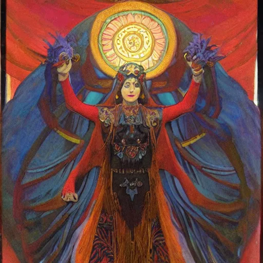 Prompt: coronation of the raven, by Annie Swynnerton and Nicholas Roerich, bioluminescent skin!, elaborate costume, geometric ornament, symbolist, rich colors, dramatic lighting, smooth, sharp focus, extremely detailed