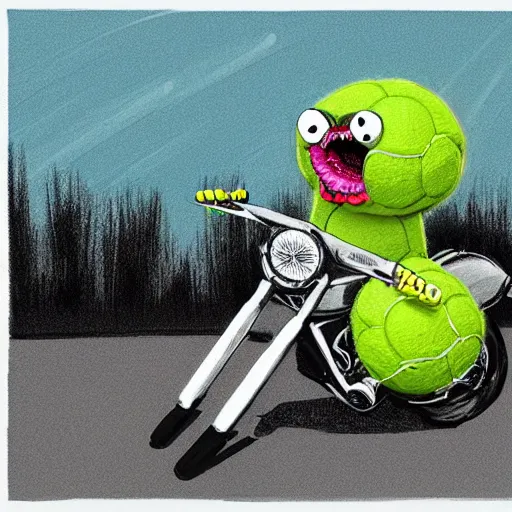 Prompt: a tennis ball monster on a motorcycle harley davidson on a tennis court, digital art, fantasy, magic, chalk, trending on artstation, ultra detailed, professional illustration by basil gogos