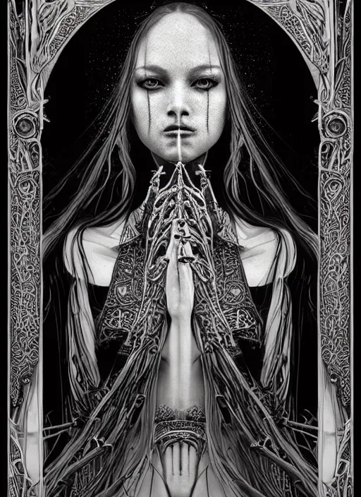 Prompt: beautiful priestess girl tarot card portrait, biomechanical, intricate artwork masterpiece, majestic, elden ring cinematic lighting, volumetric 8 k, by apollonia saintclair, josan gonzalez, zdizslaw beksinski, edmund leighton, kilian eng, trending on cgsociety, 8 k