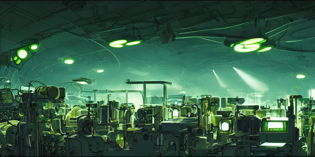 Prompt: interior of a scifi mechanical laboratory, green light, cluttered with machinery and mechanical equipment, artificial intelligence, parabolic lighting, epic composition, wide angle, by miyazaki, nausicaa ghibli, breathe of the wild