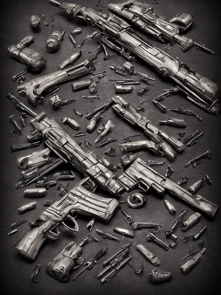 Prompt: carving sculpture of machine guns shotguns rifles revolvers bullets, in a dark room, dark vintage paperback cover, ultrarealistic, intricate details, kitbash, cinema4d, concept art 4k