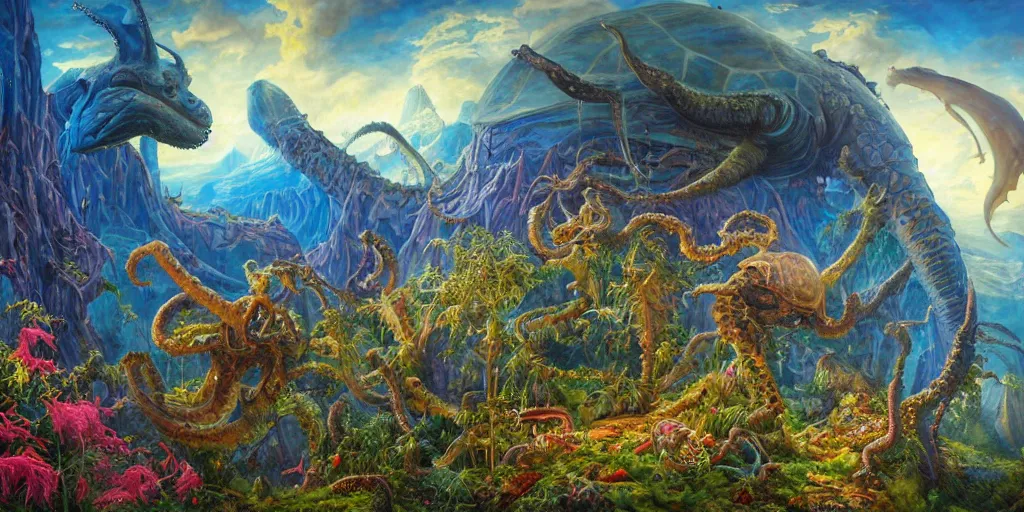 Image similar to fantasy oil painting, great leviathan, cybernetic turtle cephalopod terrapin reptilian pachyderm squid, bella hadid, hybrid, milla jovovich, anubis, epic natural light, lush plants flowers, spectacular mountains, bright clouds, luminous sky, outer worlds, golden hour, michael cheval, edward hopper, michael whelan, vray, hd