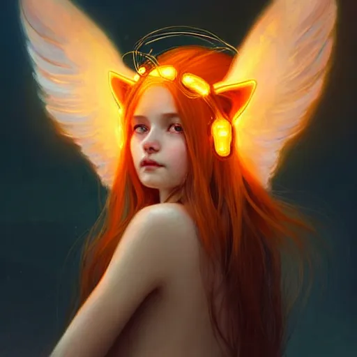Prompt: Portrait of a girl angel with pale orange colored frizzy strands of illuminated hair, cat ears on her head, glowing halo, wings on her back, fantasy, intricate, elegant, highly detailed, digital painting, artstation, concept art, smooth, sharp focus, illustration, art by Krenz Cushart and Artem Demura and alphonse mucha