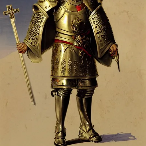 Prompt: man in decorated with gold in baroque style crusader armor, helmet and white cape with cross on it holding decorated with gold sword on it standing at the gates of jerusalem drawn by greg rutkowski realistic high detail
