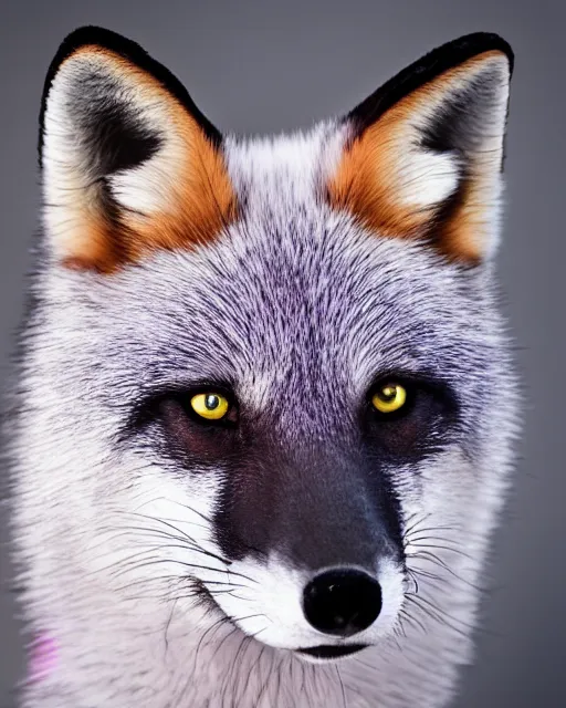 Prompt: black pink green blue white fox looking into the camera, portrait, blue background, 8 k, 8 5 mm f 1. 8