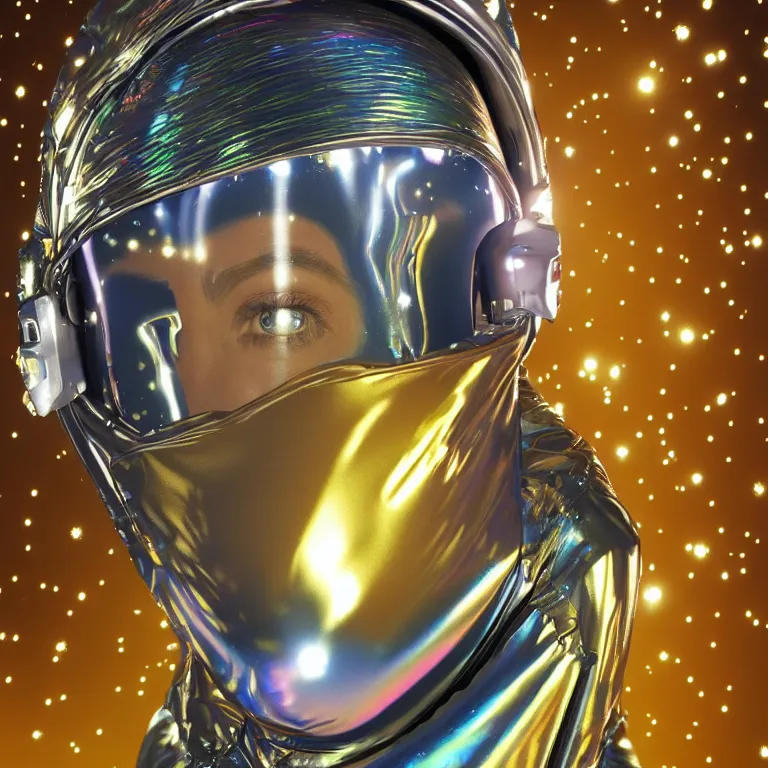 Prompt: octane render portrait by wayne barlow and carlo crivelli and glenn fabry, subject is a woman covered in colorful aluminum foil space suit with an iridescent metallic space helmet visor, floating inside a futuristic black and gold space station, cinema 4 d, ray traced lighting, very short depth of field, bokeh