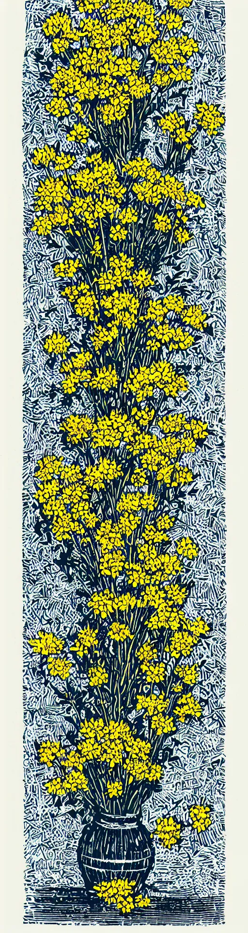 Prompt: a linocut of wattle flowers in a vase