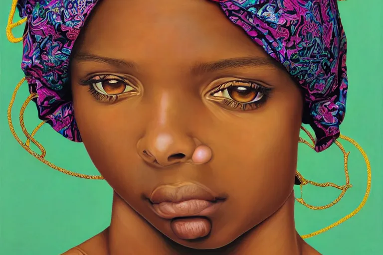 Image similar to a girl pirate with iridescent skin by kehinde wiley