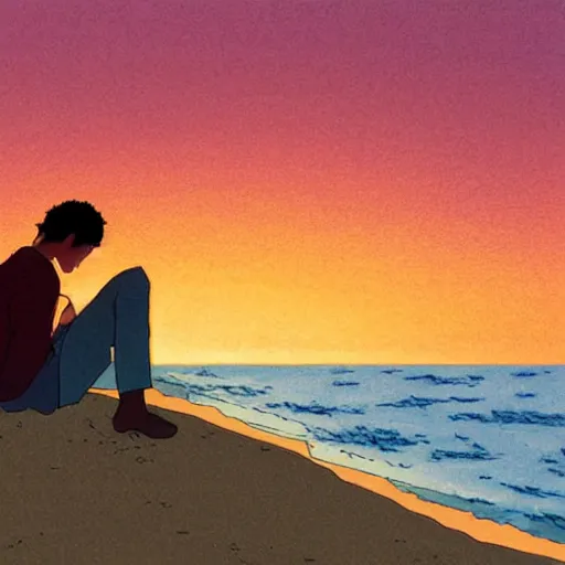 Image similar to a man sitting by the beach watching the sunset, by Studio Ghibli