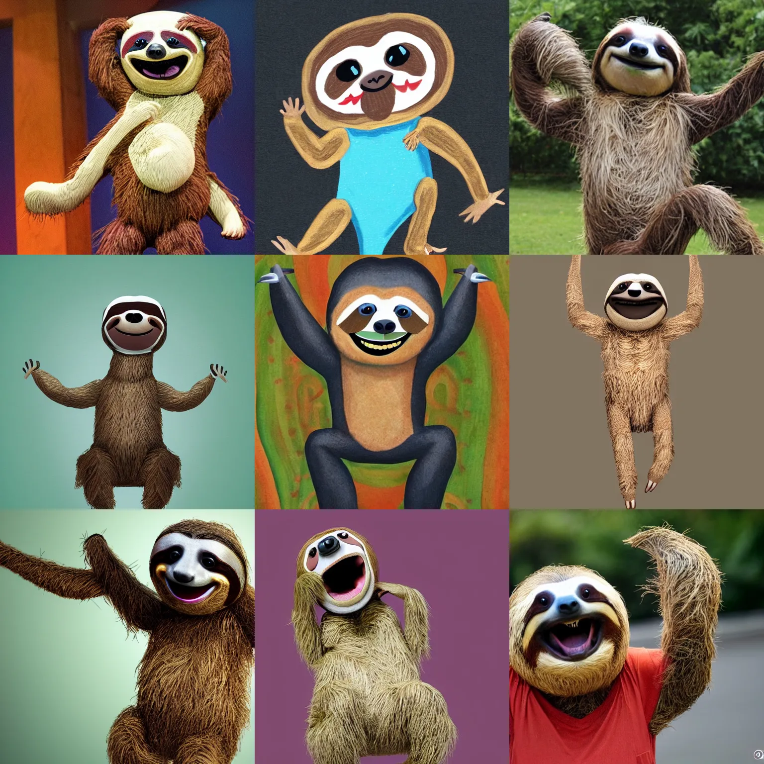 Prompt: an anthropomorphic sloth dancing with joy