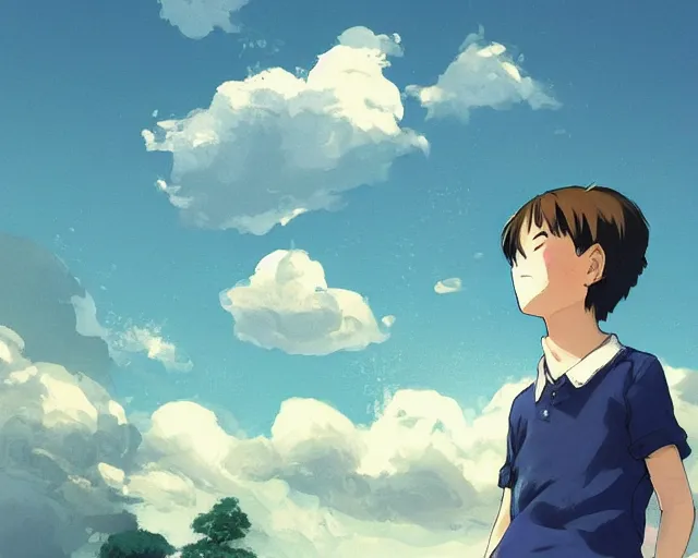 Prompt: boy looking at blue sky, wearing white shirt, facing away, low angle, sharp details, sharp focus, highly detailed, illustration, by pine ( ハイネ ) and 薯 子 imoko and 香 川 悠 作 and wlop and maya takamura, beautiful, trending artstation, pixiv, digital art