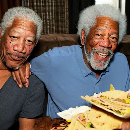 Prompt: morgan freeman laying on the bed eating tacos with raven on his side