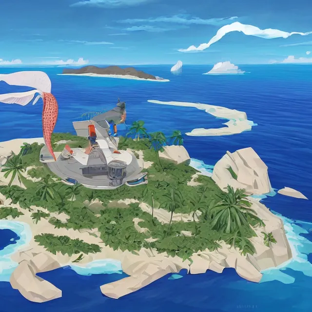 Prompt: a remote island research station in the middle of the ocean, rhads!!!, magical realism, archipelago!, urban fantasy, saturday morning cartoon, clean linework, ( alexander archipenko ), western animation