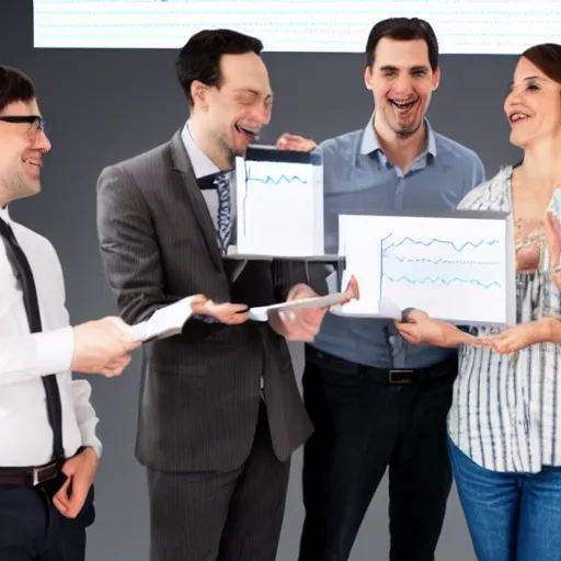 Image similar to An award-winning photograph of a group of data scientists presenting some terrible graphs to the laughing CEO