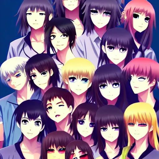 Prompt: there were eight anime people, no more than eight. Less than nine but more than seven, eight eight eight, 2 girls 6 guys digital art masterpiece 4k detailed eyes detailed face sharp cute smiles seductive