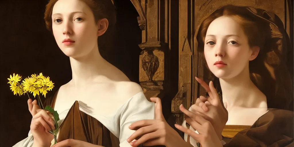 Image similar to beautiful oil matte portrait painting, woman holding a flower inside a cathedral, wonderful masterpiece highly detailed, beautiful cinematic light deep focus, elegant, digital painting, smooth, sharp focus, golden ratio, dramatic illumination, ultra realistic, 8 k, art by artemisia lomi gentileschi and caravaggio