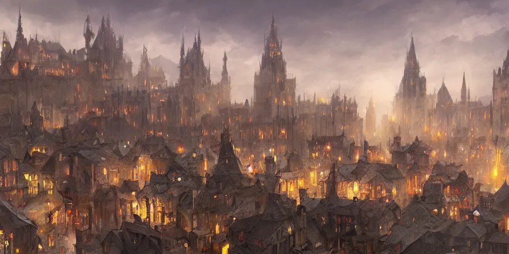 Prompt: beautiful medieval city by james paick, trending on artstation