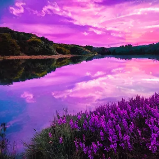 Image similar to dusk with pink and lavender sky with light pink clouds on a lake reflecting the pink sky dreamland