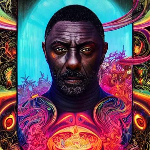 Image similar to portrait of idris elba, hyper detailed masterpiece, neon floral pattern, jean giraud, digital art painting, darkwave goth aesthetic, psychedelic, artgerm, donato giancola and tom bagshaw