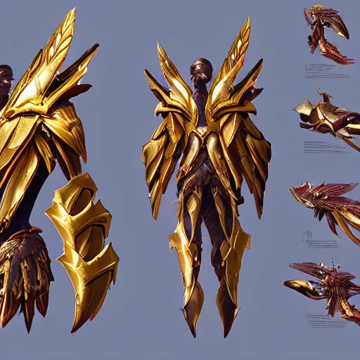 Image similar to cinematic, hyperdetailed league of legends azir armor metroid ravenbeak fanart gold armored bird wings regal gold sunray shaped crown, warframe, destiny, octane ref sheet