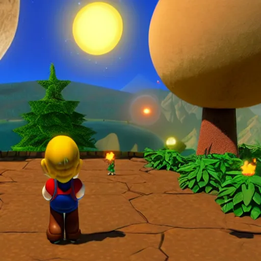 Prompt: An in-game screenshot of super mario in the Outer Wilds, 4k HD