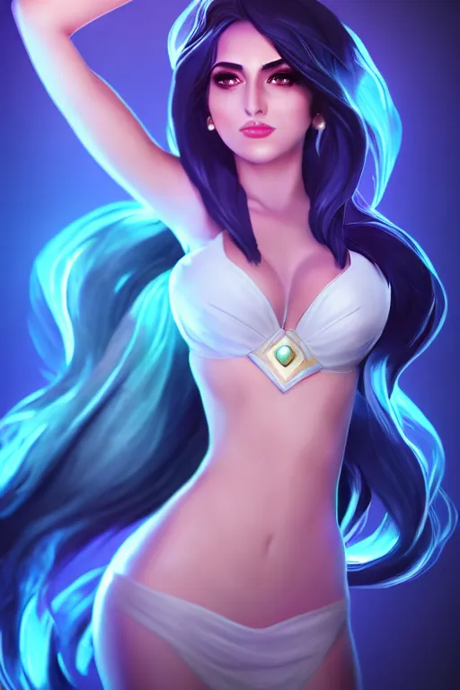 Image similar to Sona from League of Legends, photorealistic full body, studio lighting, white ambient background, highly detailed