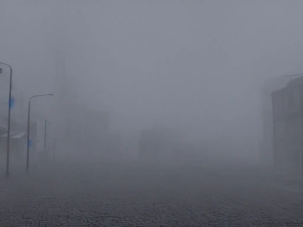 Image similar to city of Norilsk in the style of silent hill, scary, creepy, terrifying, foggy city, ps2 style