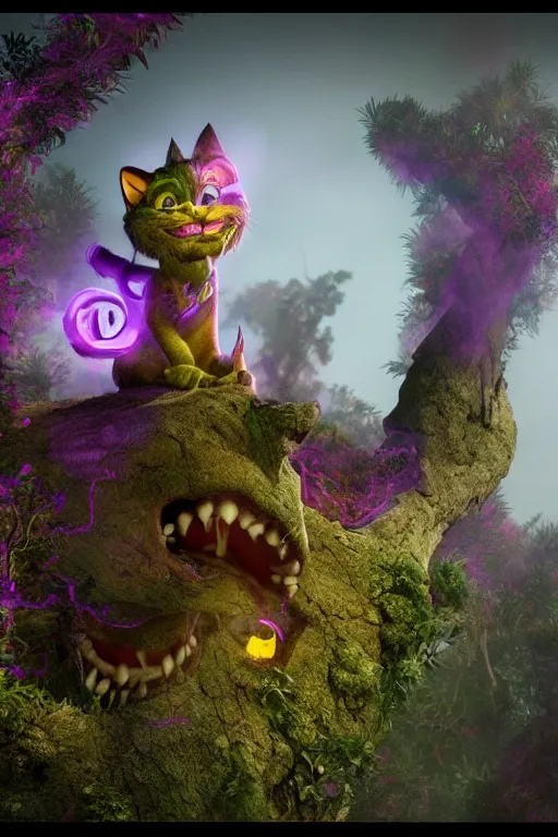 Image similar to cheshire cat vanishing vfx, burning vfx, vanishing vfx, made with blender, highly detailed, artstation, volumetric lighting, concept