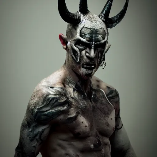 Prompt: a demon inspired by runes created by the make up artist hungry, photographed by andrew thomas huang, cinematic, expensive visual effects