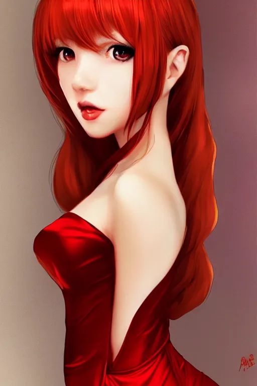 Image similar to Beautiful ginger portrait, short red satin dress by Artgerm and WLOP, Pixiv