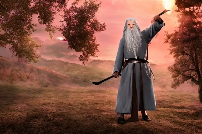 Image similar to portrait of Gandalf wearing pink Hello kitty costume, smiling warmly, sunrise, movie still from Lord of the Rings, cinematic