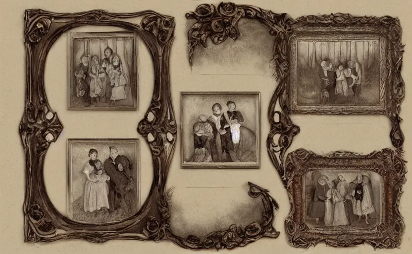 Prompt: 19th century storybook illustration of family photo portraits in picture frames on a wall, line art, water color, sepia tints