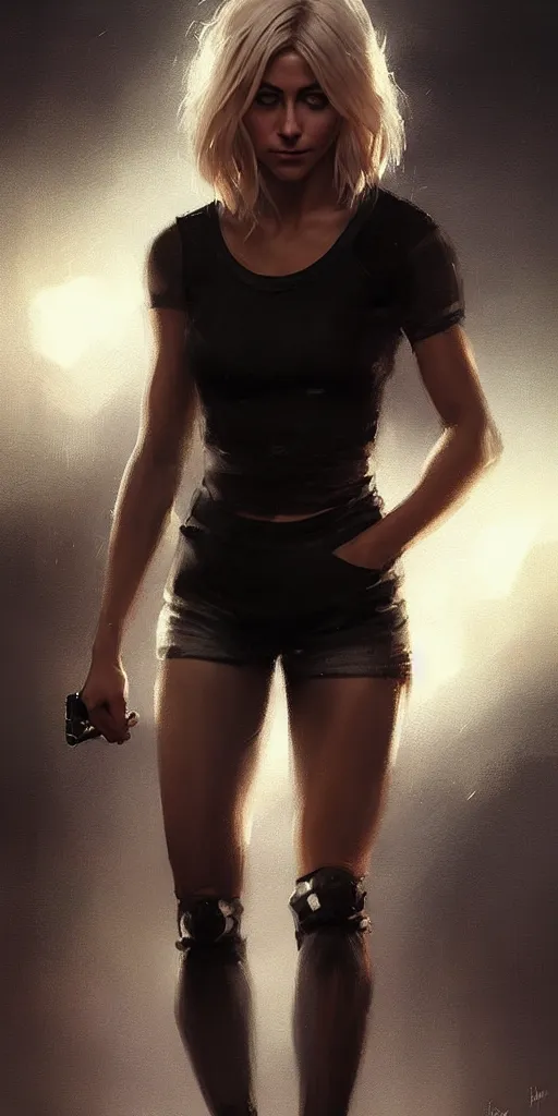 Image similar to portrait of julianne hough by greg rutkowski and wlop, a secret agent, wearing black shorts, wearing black boots, wearing a cropped top, blade runner, highly detailed portrait, digital painting, artstation, concept art, smooth, sharp focus ilustration, artstation, hq